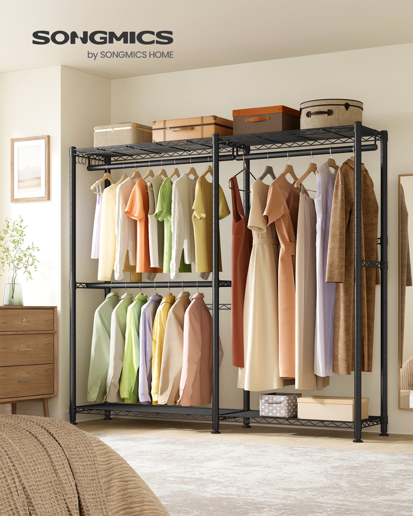 SONGMICS Clothing Rack, Heavy-Duty Garment Rack with Adjustable Storage Shelves and Hanging Rails, Hooks, Portable Wardrobe Closet, Cloud White