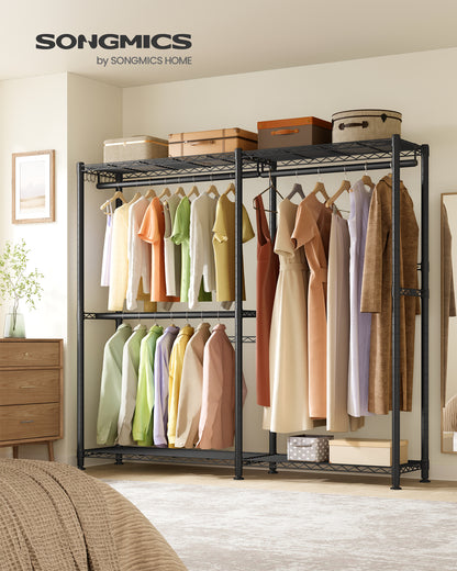 SONGMICS Clothing Rack, Heavy-Duty Garment Rack with Adjustable Storage Shelves and Hanging Rails, Hooks, Portable Wardrobe Closet, Cloud White