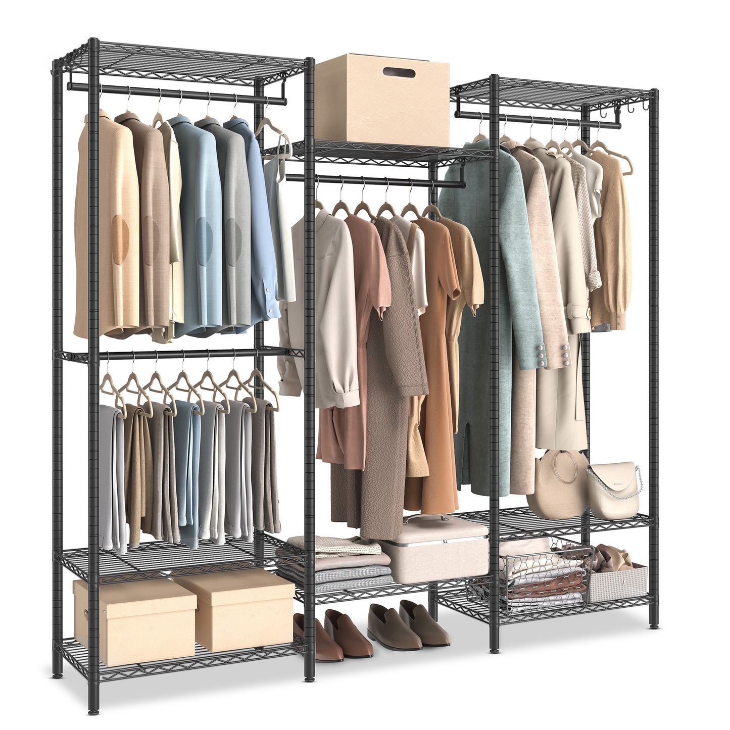Portable Wardrobe Closet Heavy Duty Clothes Rack, Freestanding Closet Organizer,15.8 x 68.9 x 70.9 inches,Metal Garment Rack with Adjustable Wire Shelves, Dividable, Ink Black