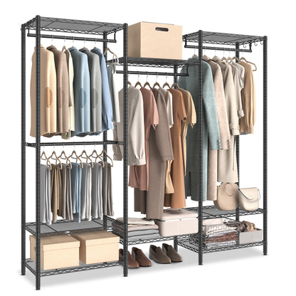 Portable Wardrobe Closet Heavy Duty Clothes Rack, Freestanding Closet Organizer,15.8 x 68.9 x 70.9 inches,Metal Garment Rack with Adjustable Wire Shelves, Dividable, Ink Black
