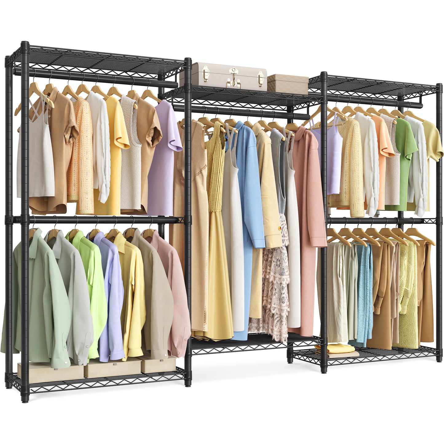 SONGMICS Garment Rack, Heavy-Duty Clothes Rack, Portable Closet Rack, 86.4-Inch Wide Clothing Rack with Adjustable Mesh Shelves, Ink Black