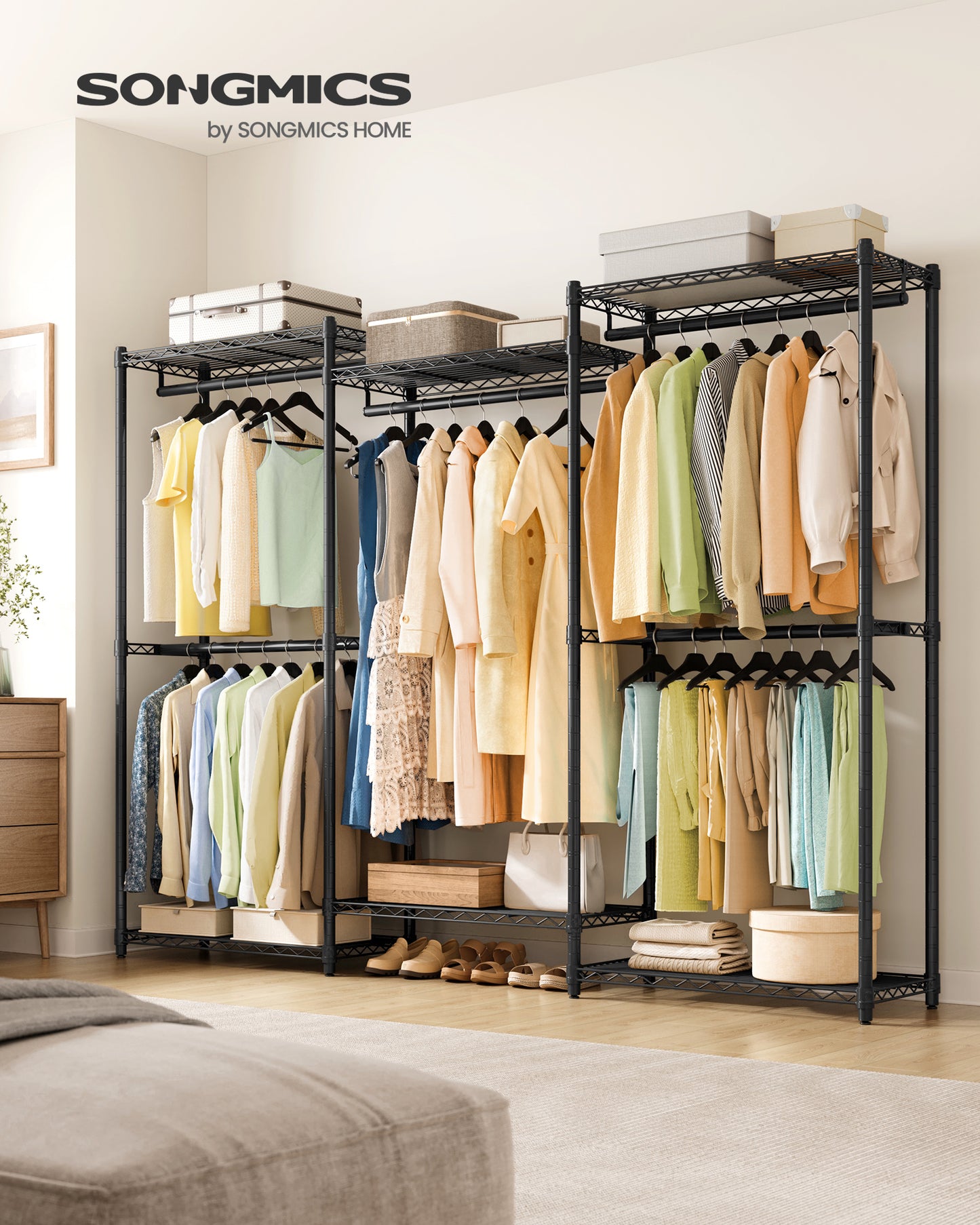 SONGMICS Garment Rack, Heavy-Duty Clothes Rack, Portable Closet Rack, 86.4-Inch Wide Clothing Rack with Adjustable Mesh Shelves, Ink Black