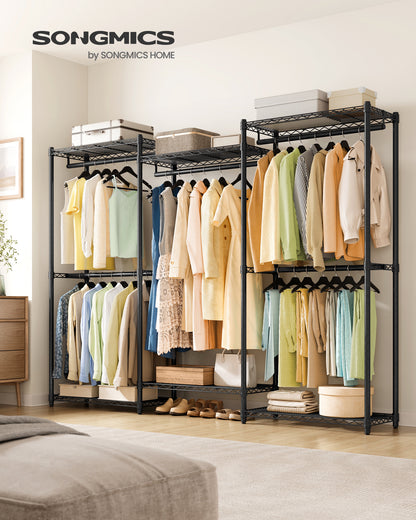 SONGMICS Garment Rack, Heavy-Duty Clothes Rack, Portable Closet Rack, 86.4-Inch Wide Clothing Rack with Adjustable Mesh Shelves, Ink Black