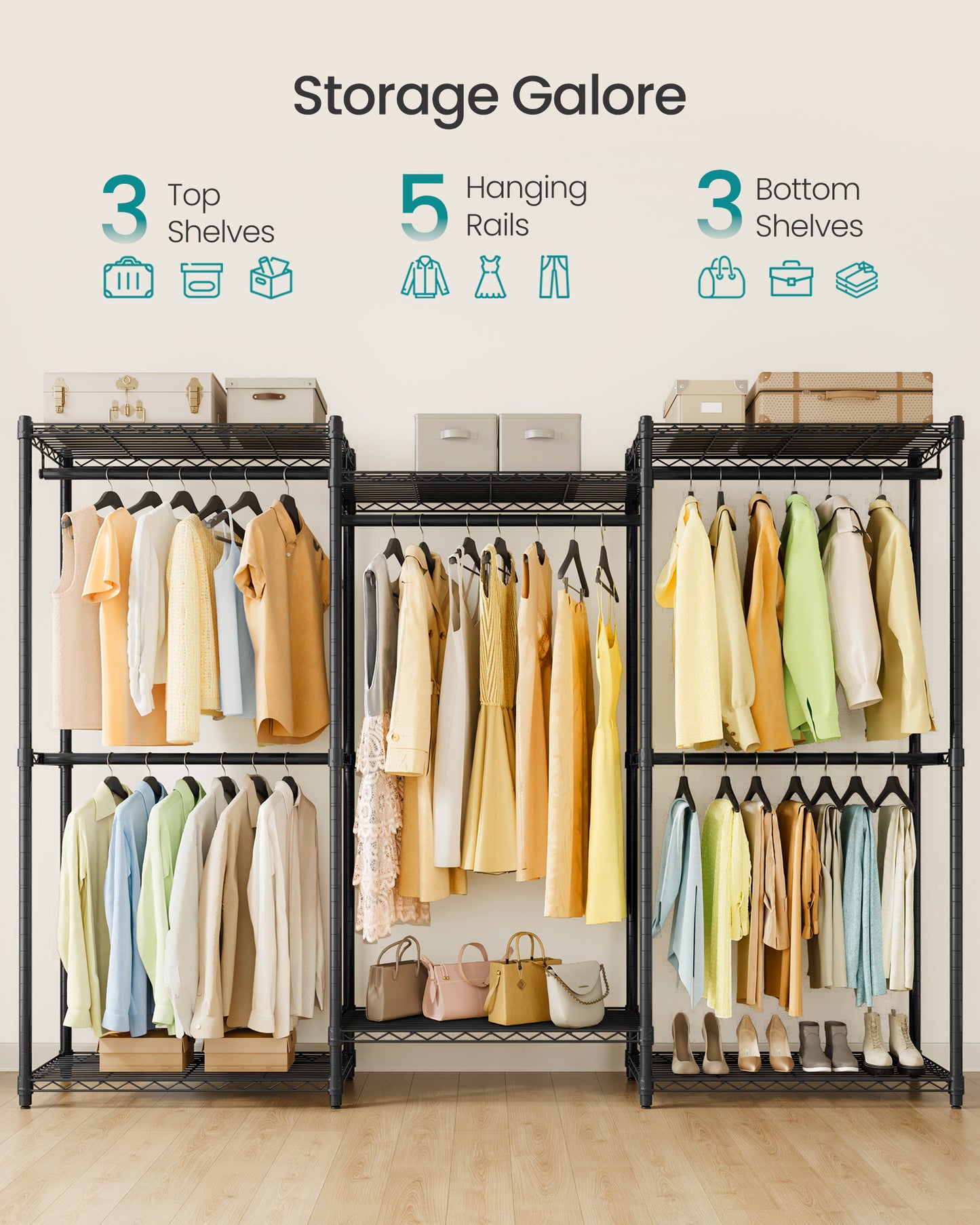 SONGMICS Garment Rack, Heavy-Duty Clothes Rack, Portable Closet Rack, 86.4-Inch Wide Clothing Rack with Adjustable Mesh Shelves, Ink Black
