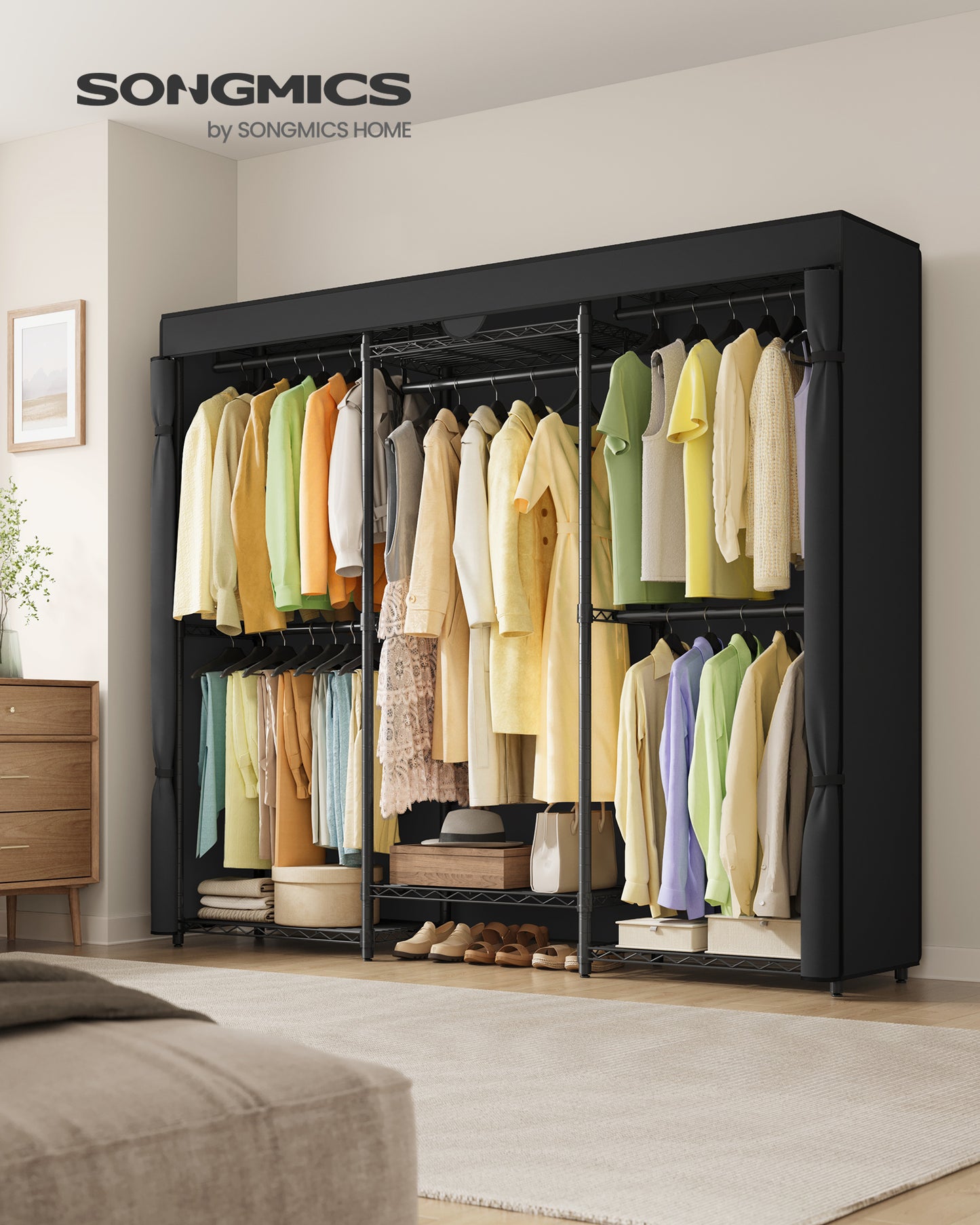 Heavy-Duty Garment Rack with 5 Hanging Rails and 6 Mesh Shelves, 514 lb Capacity Portable Closet, No-Tool Assembly, Ink Black