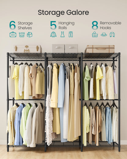 Ink Black Heavy - Duty Clothing Rack - Adjustable Storage Shelves, Hanging Rails, Hooks. Freestanding Portable Wardrobe Closet Rack