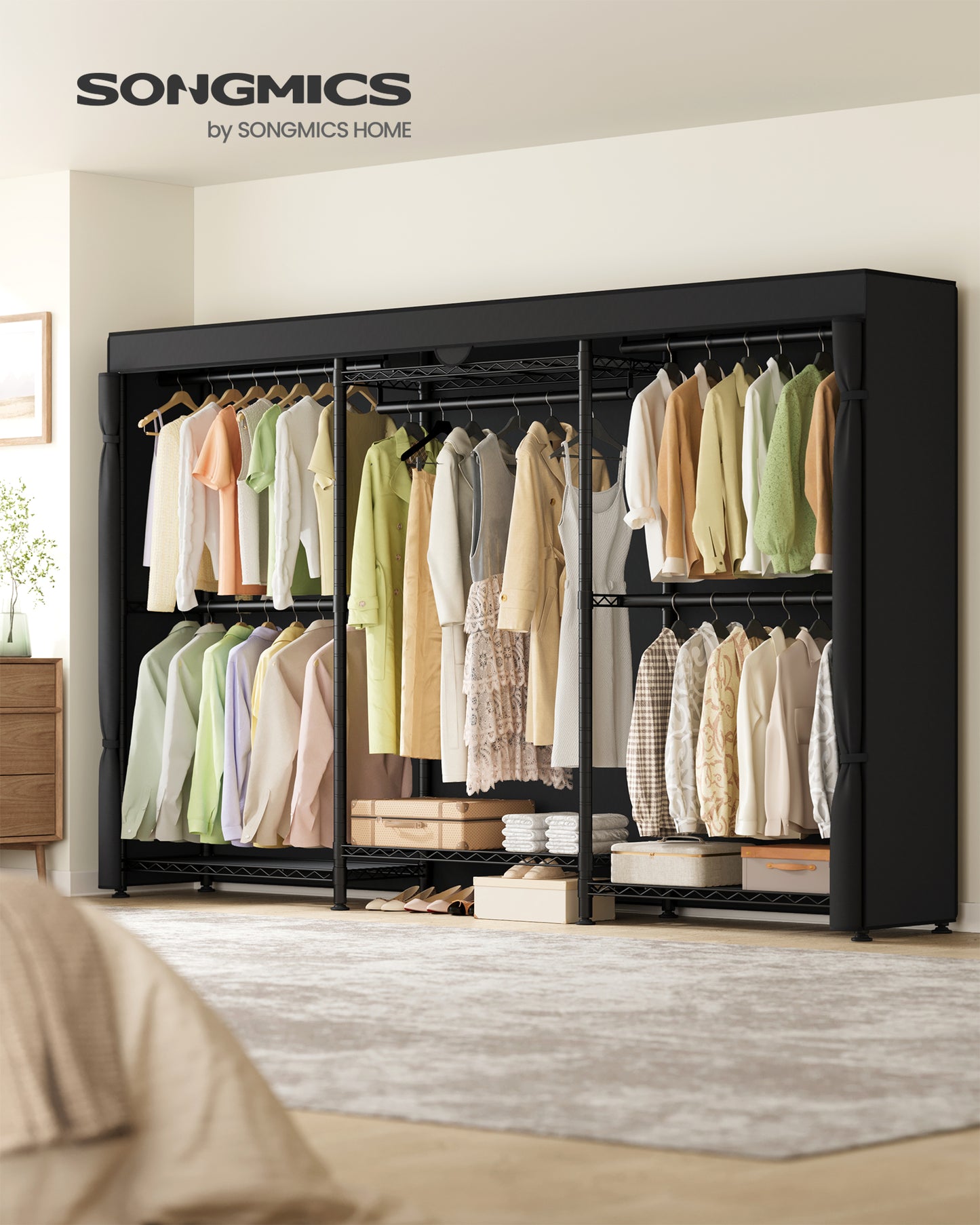 SONGMICS Heavy-Duty Rolling Clothes Rack, Portable Closet on Wheels, with Adjustable Mesh Shelves and Hanging Rails, Fabric Cover, Ink Black
