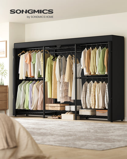 SONGMICS Heavy-Duty Rolling Clothes Rack, Portable Closet on Wheels, with Adjustable Mesh Shelves and Hanging Rails, Fabric Cover, Ink Black