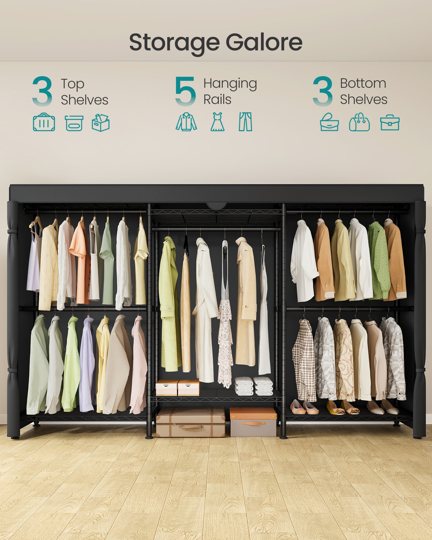 SONGMICS Heavy-Duty Rolling Clothes Rack, Portable Closet on Wheels, with Adjustable Mesh Shelves and Hanging Rails, Fabric Cover, Ink Black