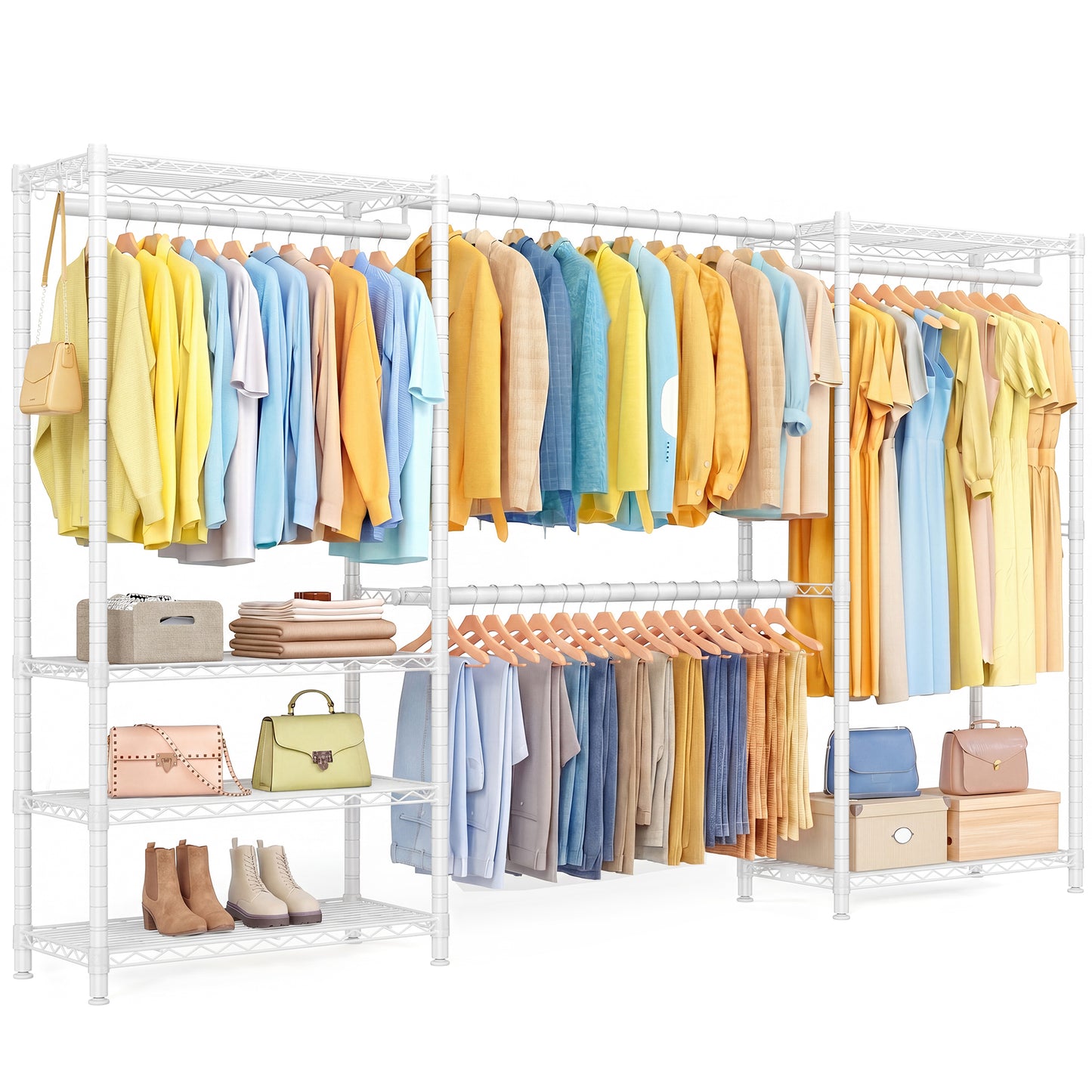 SONGMICS Heavy-Duty Clothes Rack, Extendable Garment Rack, Portable Closet with Adjustable Mesh Shelves and Hanging Rails, Hooks, White