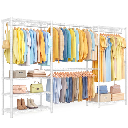 SONGMICS Heavy-Duty Clothes Rack, Extendable Garment Rack, Portable Closet with Adjustable Mesh Shelves and Hanging Rails, Hooks, White