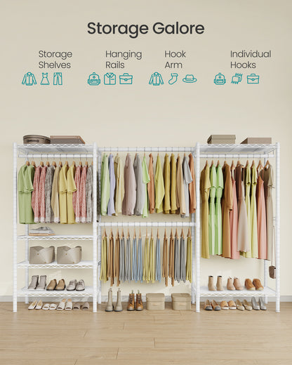 SONGMICS Heavy-Duty Clothes Rack, Extendable Garment Rack, Portable Closet with Adjustable Mesh Shelves and Hanging Rails, Hooks, White