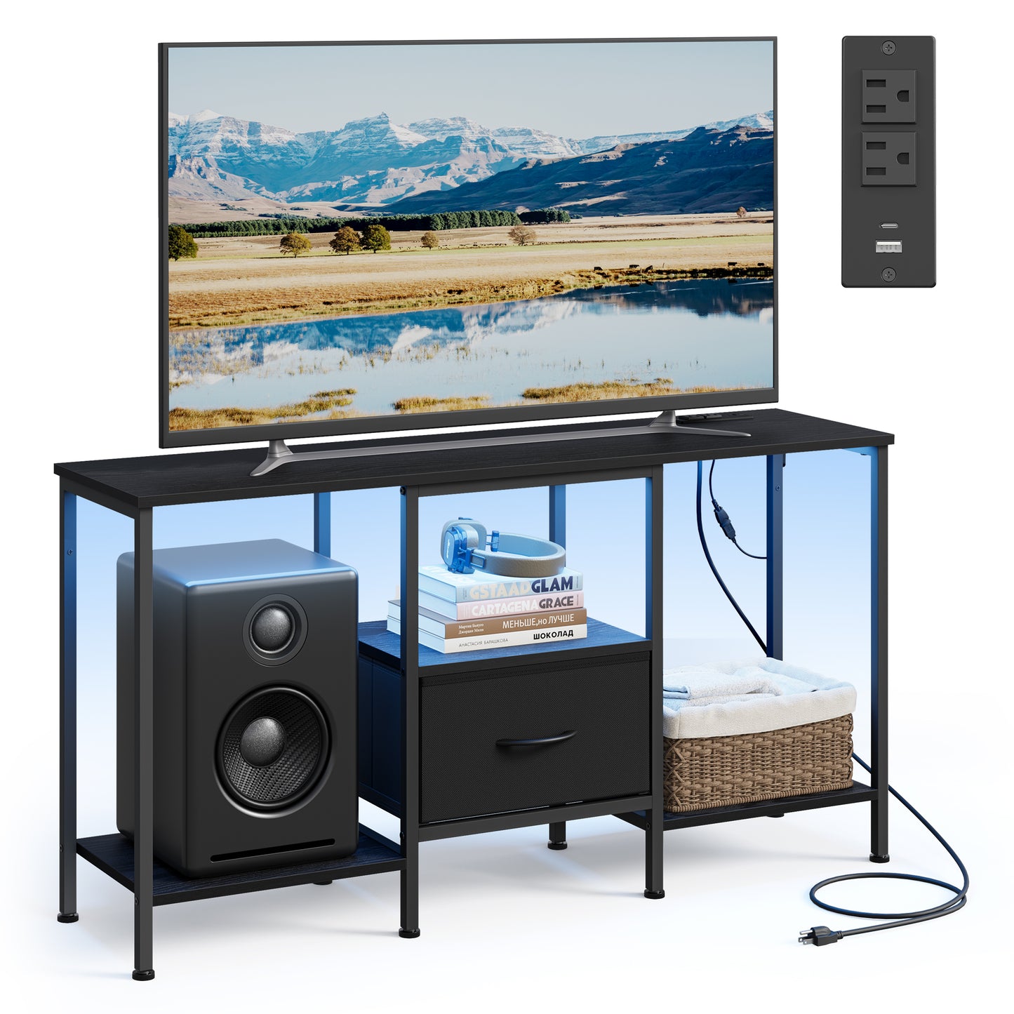 SONGMICS BELLAH Collection - TV Stand Up to 55 Inches, Media Console Table and Entertainment Center Unit, with Shelves and Drawer, Modern, Ink Black