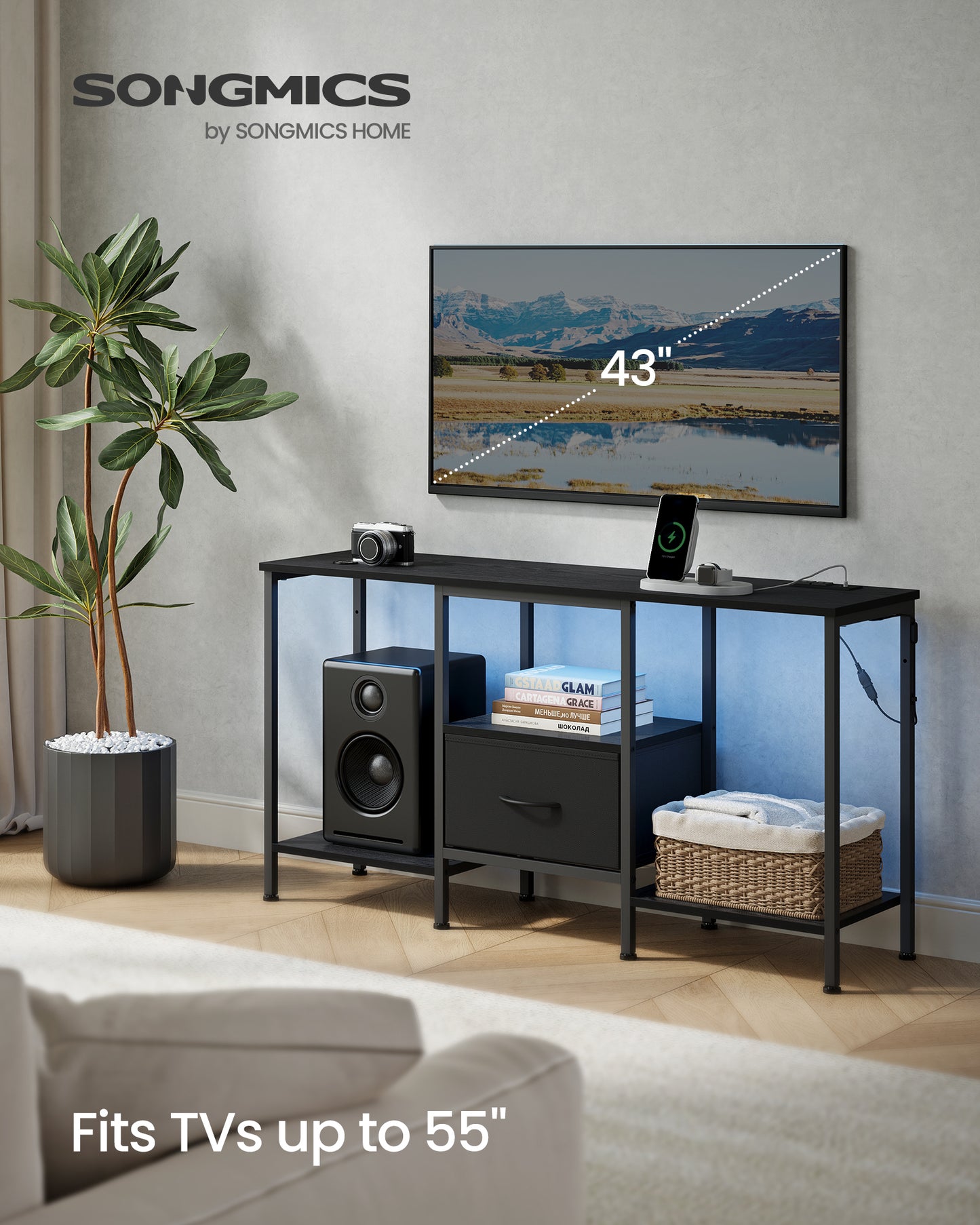 SONGMICS BELLAH Collection - TV Stand Up to 55 Inches, Media Console Table and Entertainment Center Unit, with Shelves and Drawer, Modern, Ink Black