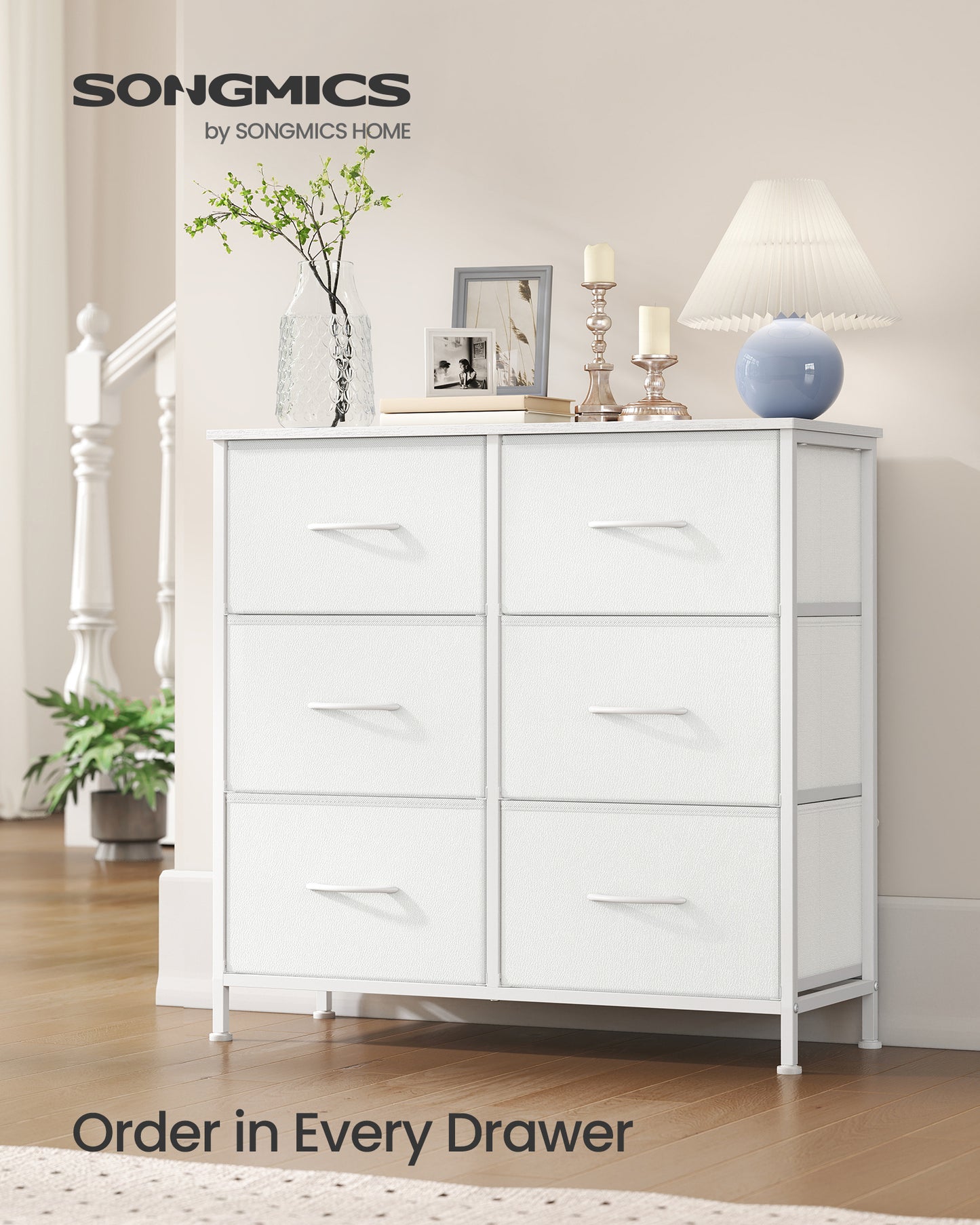 6-Drawer Fabric Dresser with Steel Frame, 88 lb Top Load Chest of Drawers, Multi-Use Storage Organizer for Bedroom, Cloud White