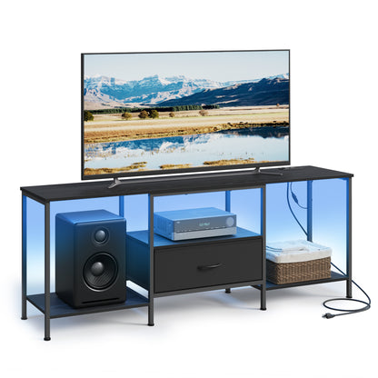SONGMICS TV Stand, 61.8-Inch Entertainment Center with LED Lights, Media Console with 1 Drawer and Storage Shelves, Ink Black