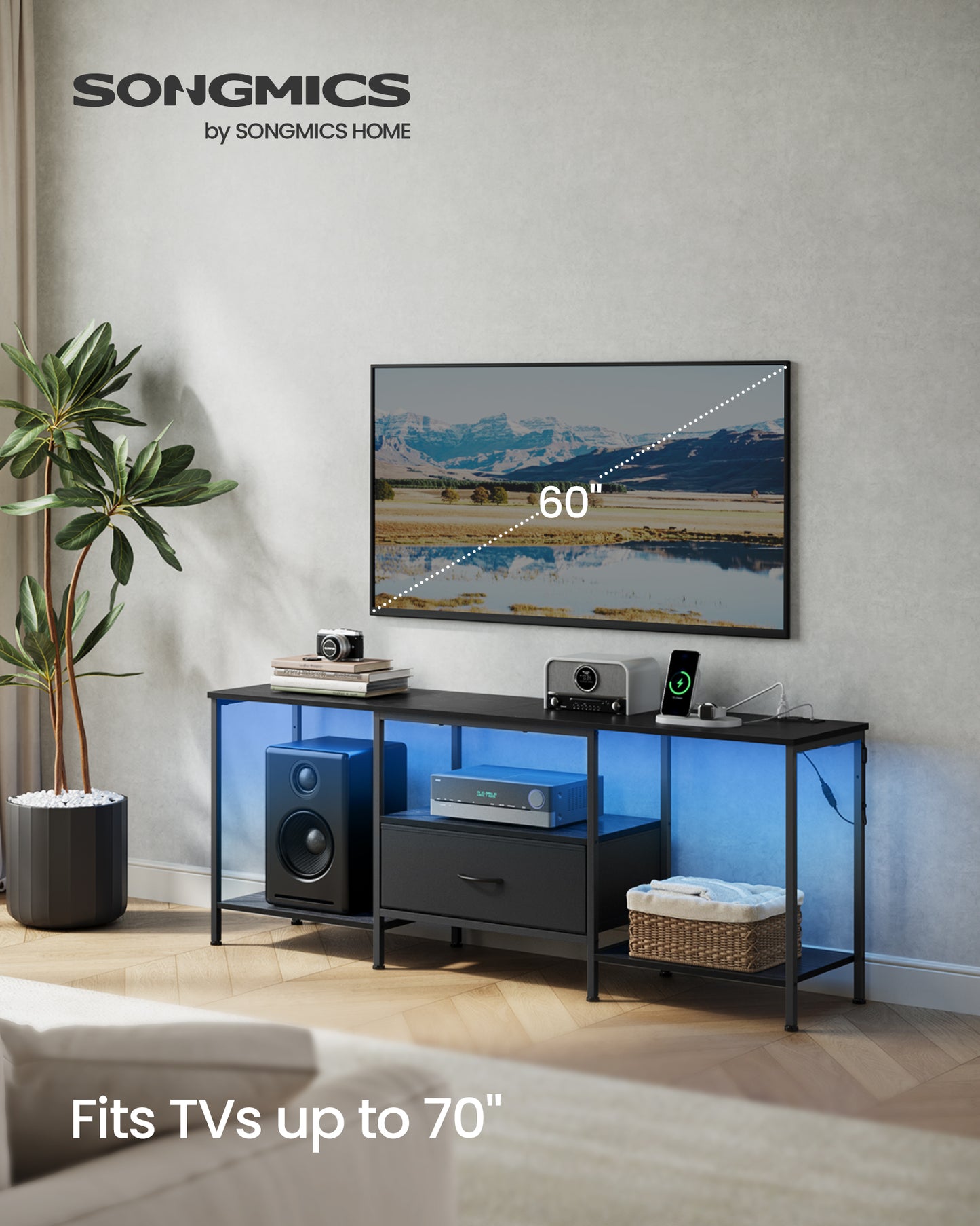 SONGMICS TV Stand, 61.8-Inch Entertainment Center with LED Lights, Media Console with 1 Drawer and Storage Shelves, Ink Black