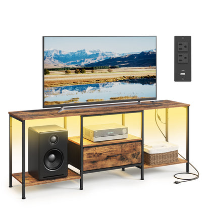 SONGMICS TV Stand, 61.8-Inch Entertainment Center with LED Lights and Power Outlets, Media Console with 1 Drawer and Storage Shelves, Rustic Brown