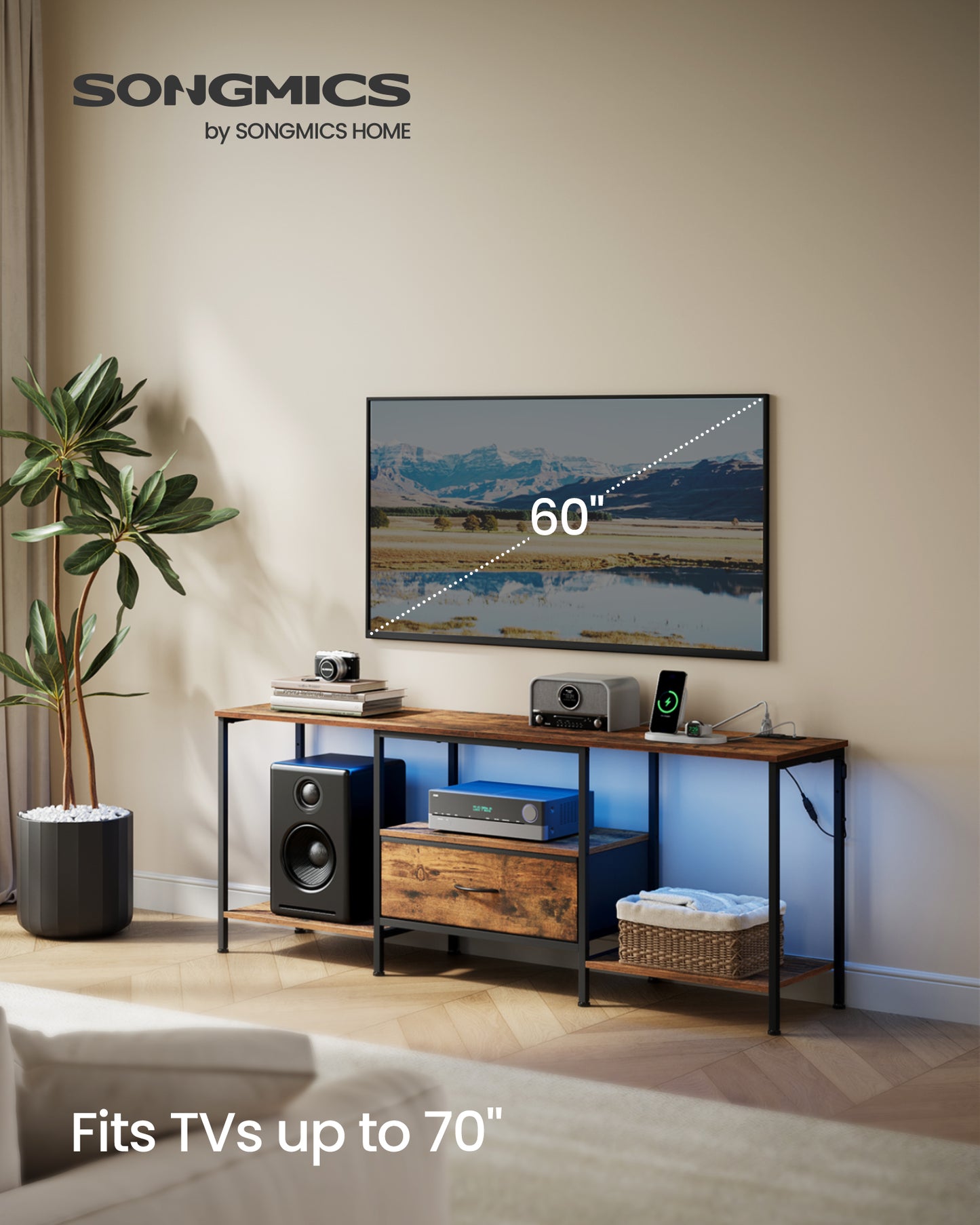 SONGMICS TV Stand, 61.8-Inch Entertainment Center with LED Lights and Power Outlets, Media Console with 1 Drawer and Storage Shelves, Rustic Brown