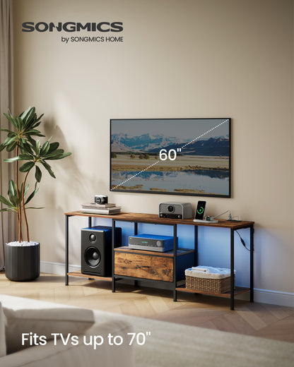 SONGMICS TV Stand, 61.8-Inch Entertainment Center with LED Lights and Power Outlets, Media Console with 1 Drawer and Storage Shelves, Rustic Brown