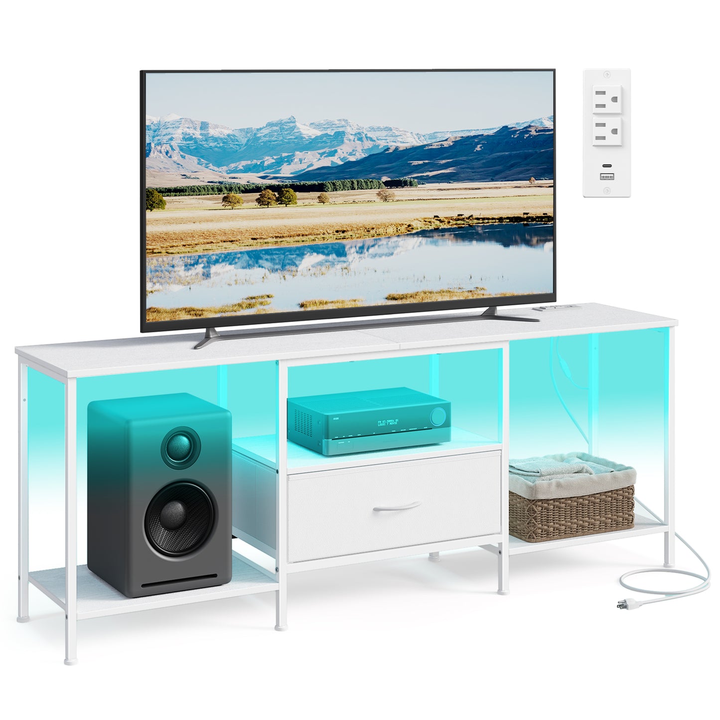 SONGMICS TV Stand, 61.8-Inch Entertainment Center with LED Lights and Power Outlets, Media Console with 1 Drawer and Storage Shelves, Cloud White