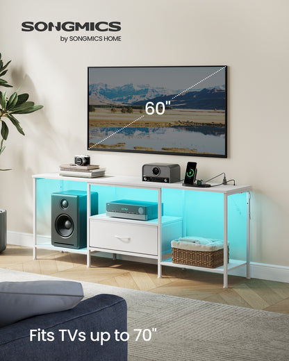 SONGMICS TV Stand, 61.8-Inch Entertainment Center with LED Lights and Power Outlets, Media Console with 1 Drawer and Storage Shelves, Cloud White