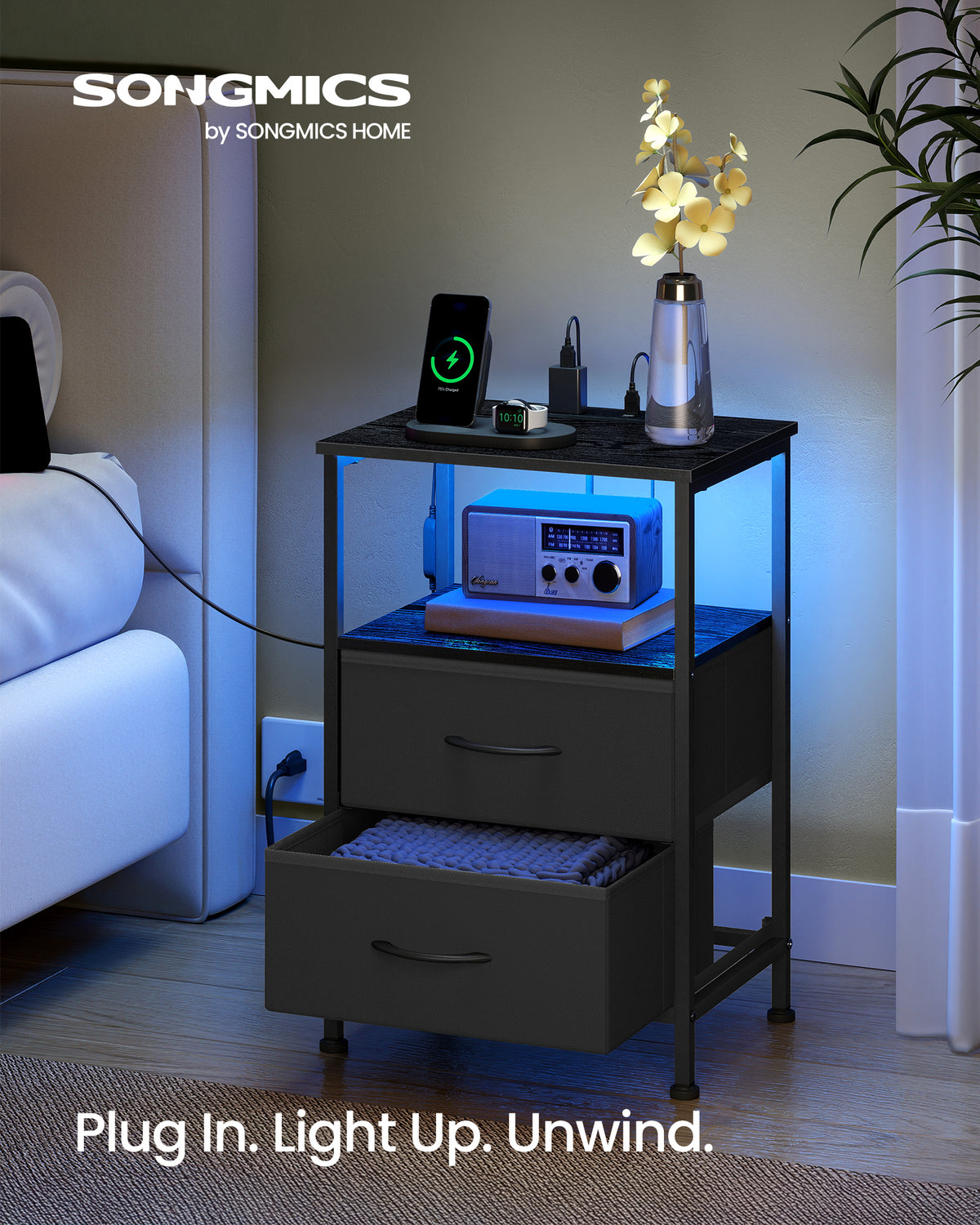 SONGMICS BELLAH Collection - Nightstand with Charging Station, App-Controlled Adjustable LED Lights, 2 Drawer, 1 Open Shelf, Ink Black and Ebony Black