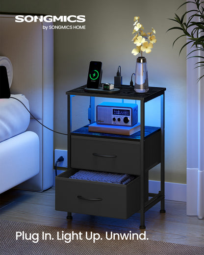 SONGMICS BELLAH Collection - Nightstand with Charging Station, App-Controlled Adjustable LED Lights, 2 Drawer, 1 Open Shelf, Ink Black and Ebony Black