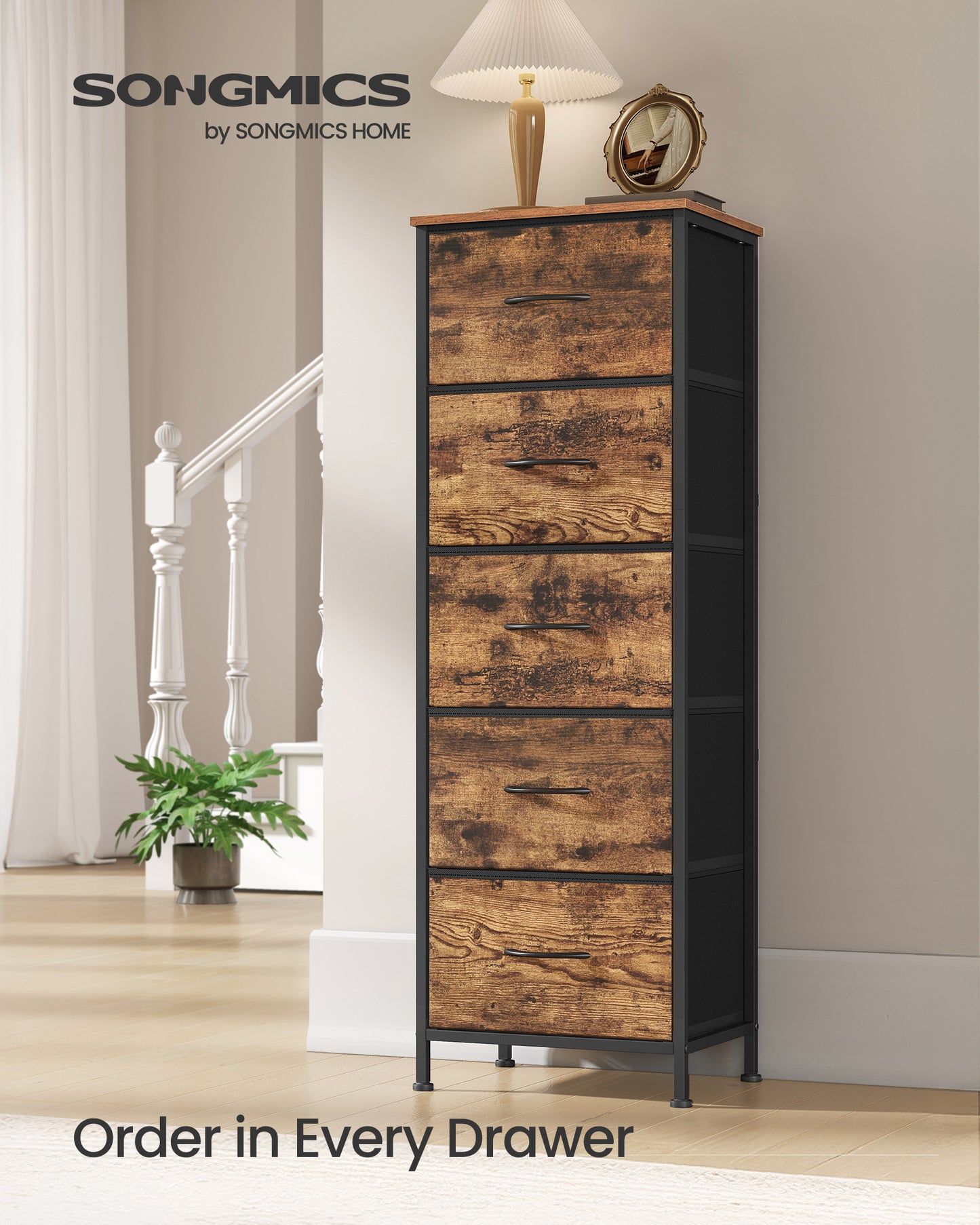 5-Drawer Fabric Dresser with Steel Frame, 66 lb Top Load Storage Organizer for Bedroom Closet, Rustic Brown and Black