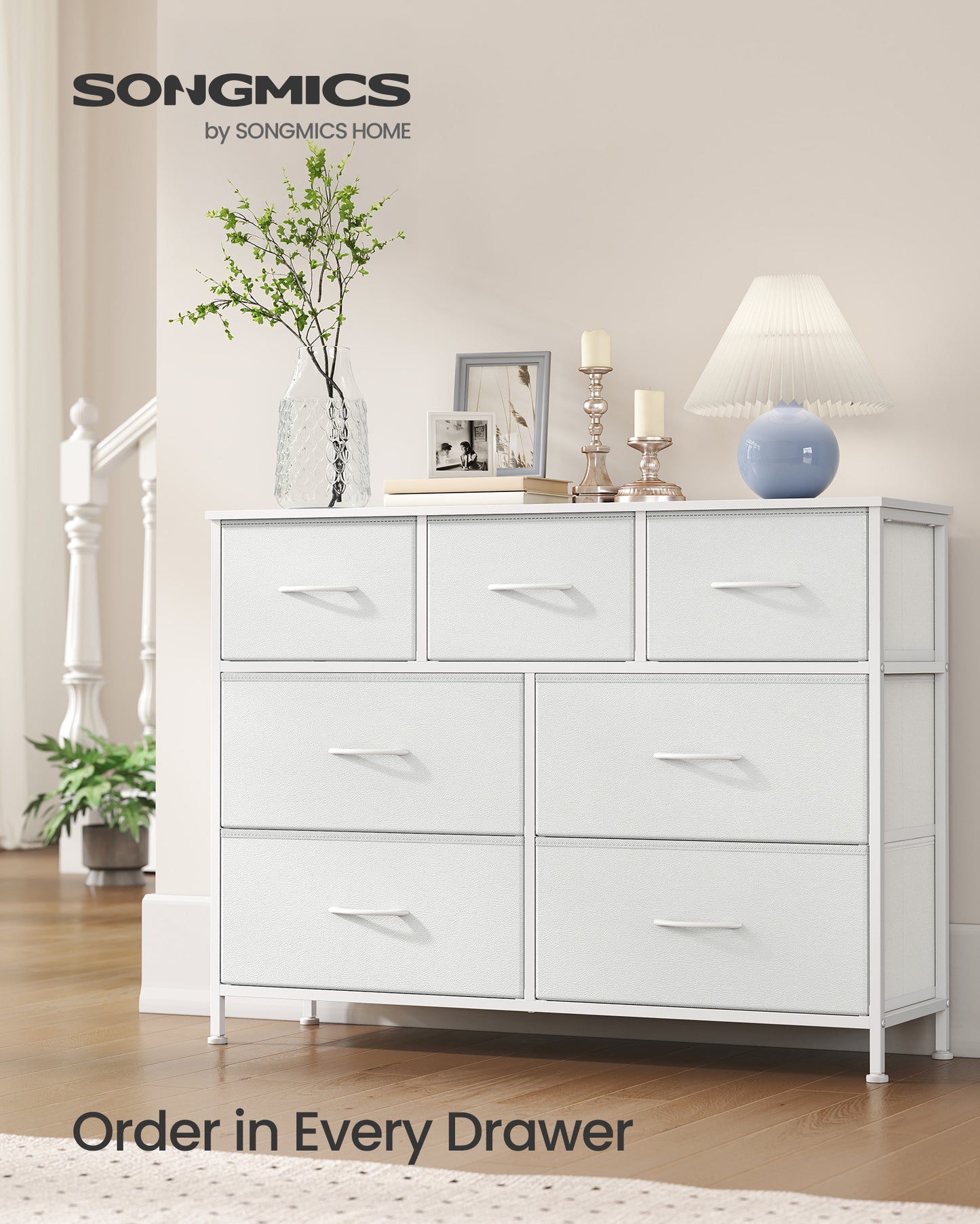 7-Drawer Fabric Dresser with Steel Frame, 88 lb Top Load Chest of Drawers, Multi-Use Storage Organizer for Bedroom Closet, White