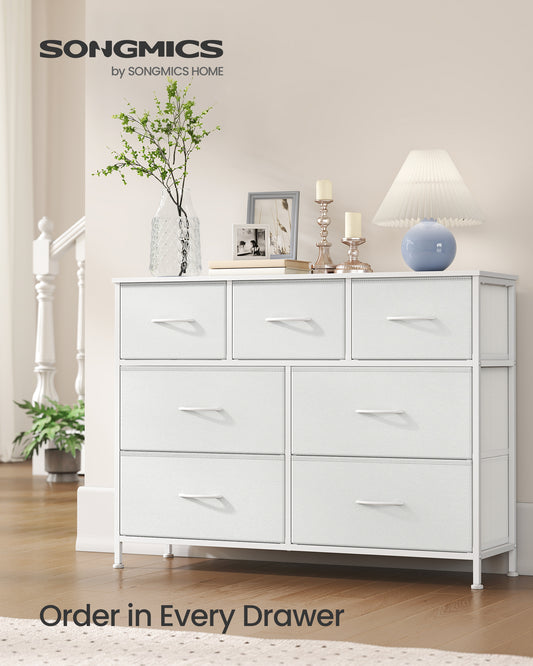 7-Drawer Fabric Dresser with Steel Frame, 88 lb Top Load Chest of Drawers, Multi-Use Storage Organizer for Bedroom Closet, White
