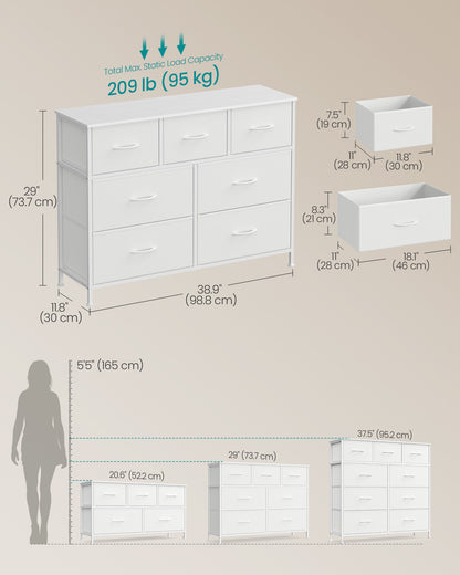 7-Drawer Fabric Dresser with Steel Frame, 88 lb Top Load Chest of Drawers, Multi-Use Storage Organizer for Bedroom Closet, White