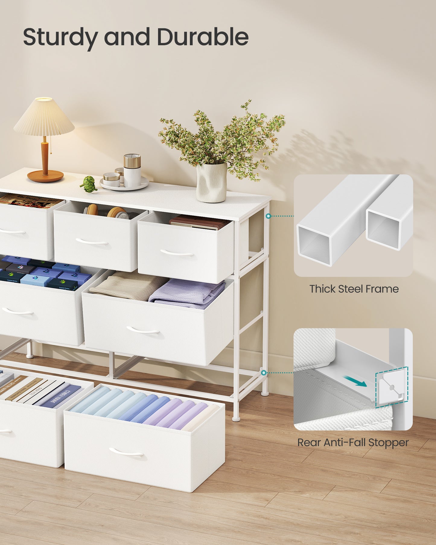 7-Drawer Fabric Dresser with Steel Frame, 88 lb Top Load Chest of Drawers, Multi-Use Storage Organizer for Bedroom Closet, White