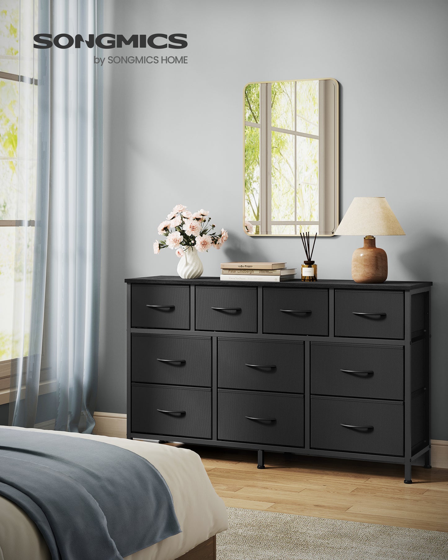 SONGMICS BELLAH Collection - Dresser for Bedroom, Chest of Drawers, TV Stand for TVs Up to 55 Inches, Living Room, Closet, 10 Drawers, Ink Black
