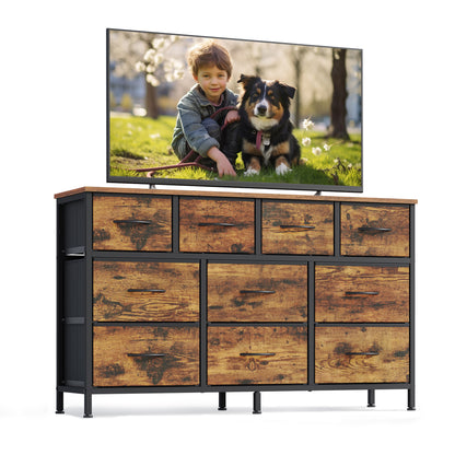 SONGMICS BELLAH Collection - Dresser for Bedroom, Chest of Drawers, TV Stand for TVs Up to 55 Inches, Closet, 10 Drawers, Rustic Brown and Ink Black