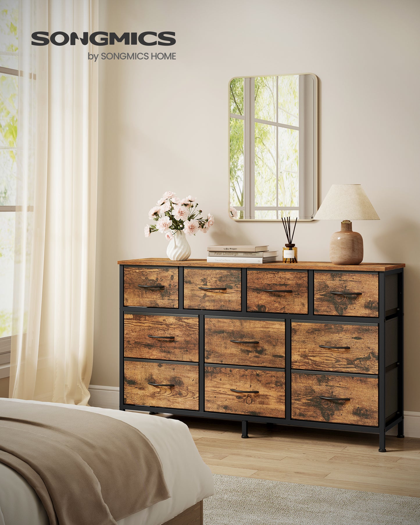 SONGMICS BELLAH Collection - Dresser for Bedroom, Chest of Drawers, TV Stand for TVs Up to 55 Inches, Closet, 10 Drawers, Rustic Brown and Ink Black