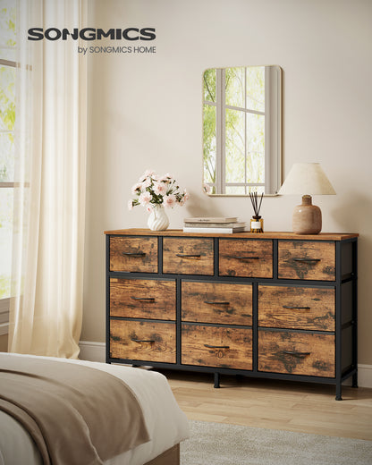 SONGMICS BELLAH Collection - Dresser for Bedroom, Chest of Drawers, TV Stand for TVs Up to 55 Inches, Closet, 10 Drawers, Rustic Brown and Ink Black