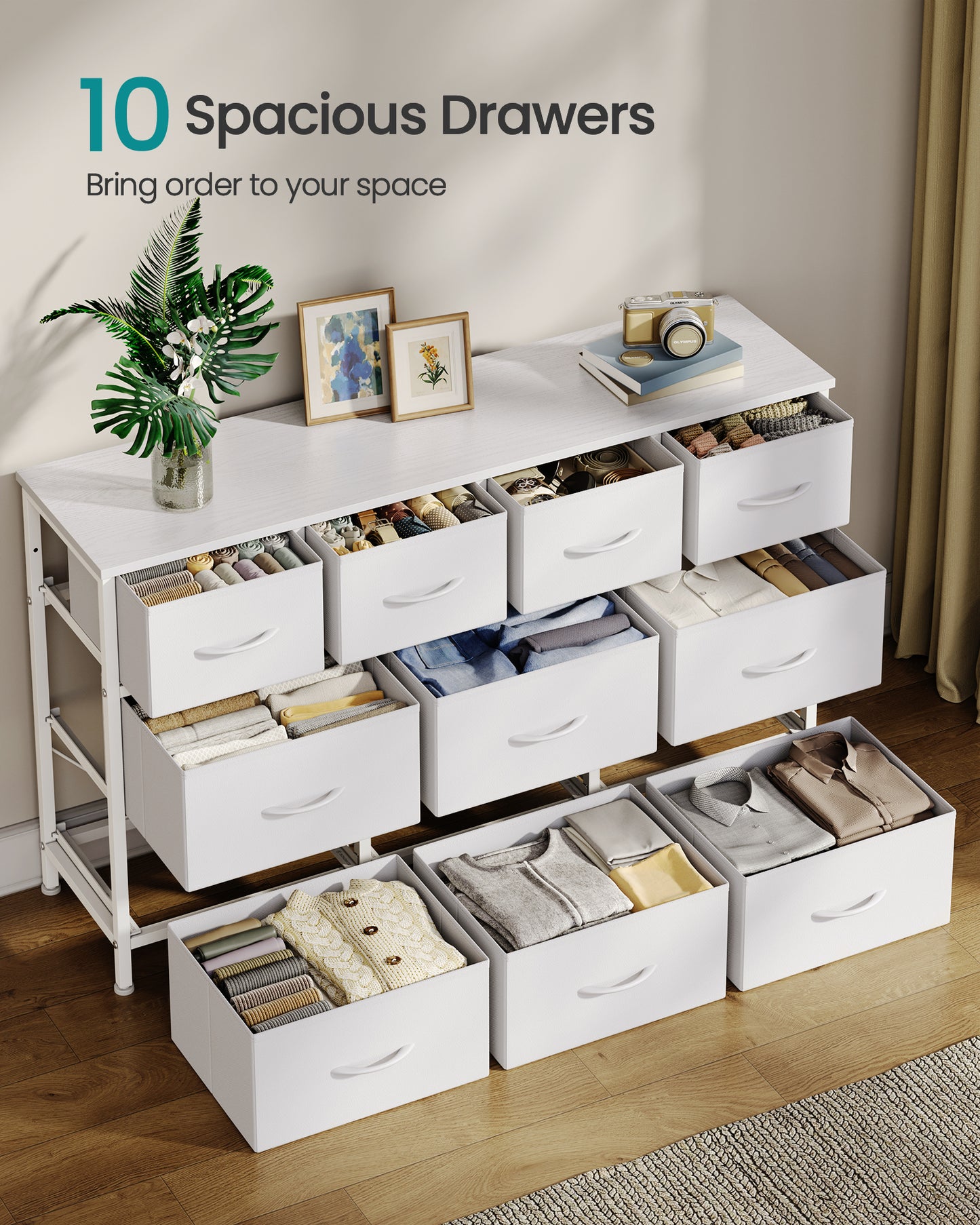 SONGMICS BELLAH Collection - Dresser for Bedroom, Chest of Drawers, TV Stand for TVs Up to 55 Inches, Living Room, Closet, 10 Drawers, Cloud White