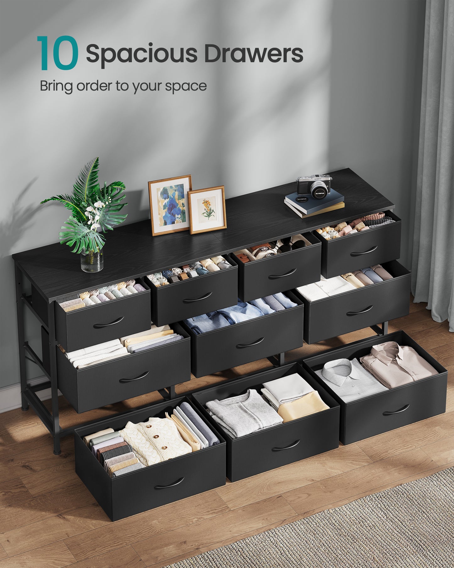 SONGMICS BELLAH Collection - Dresser for Bedroom, Chest of Drawers, TV Stand for TVs Up to 65 Inches, Living Room, Closet, 10 Drawers, Ink Black
