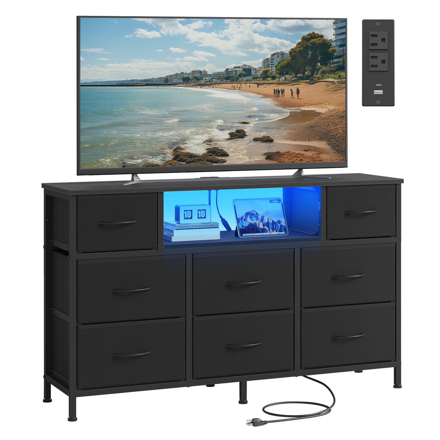 SONGMICS BELLAH Collection - Dresser for Bedroom with Outlets and LED Lights, TV Stand for TVs Up to 55 Inches, 8 Drawers, Ink Black