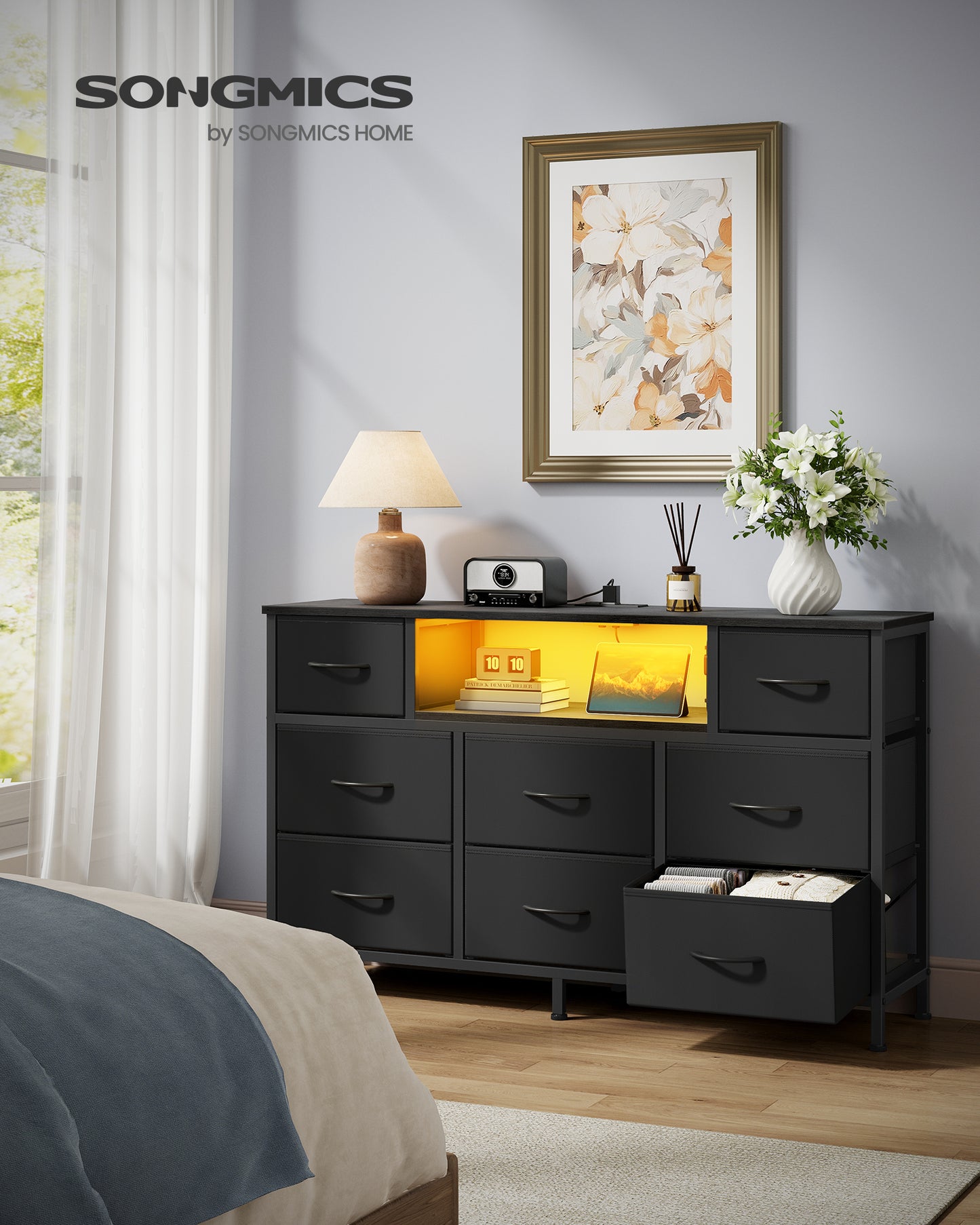 SONGMICS BELLAH Collection - Dresser for Bedroom with Outlets and LED Lights, TV Stand for TVs Up to 55 Inches, 8 Drawers, Ink Black