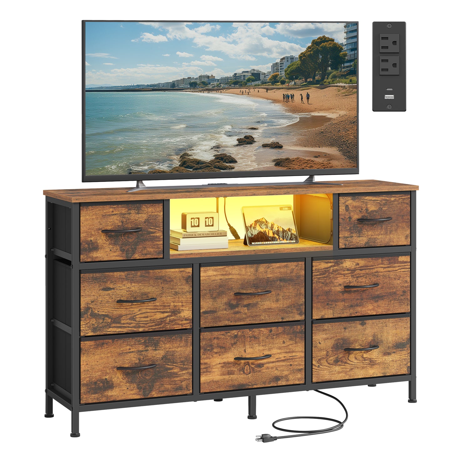 SONGMICS BELLAH Collection - Dresser with Outlets and LED Lights, TV Stand Up to 55 Inches, Chest of Drawers, 8 Drawers, Rustic Brown and Ink Black
