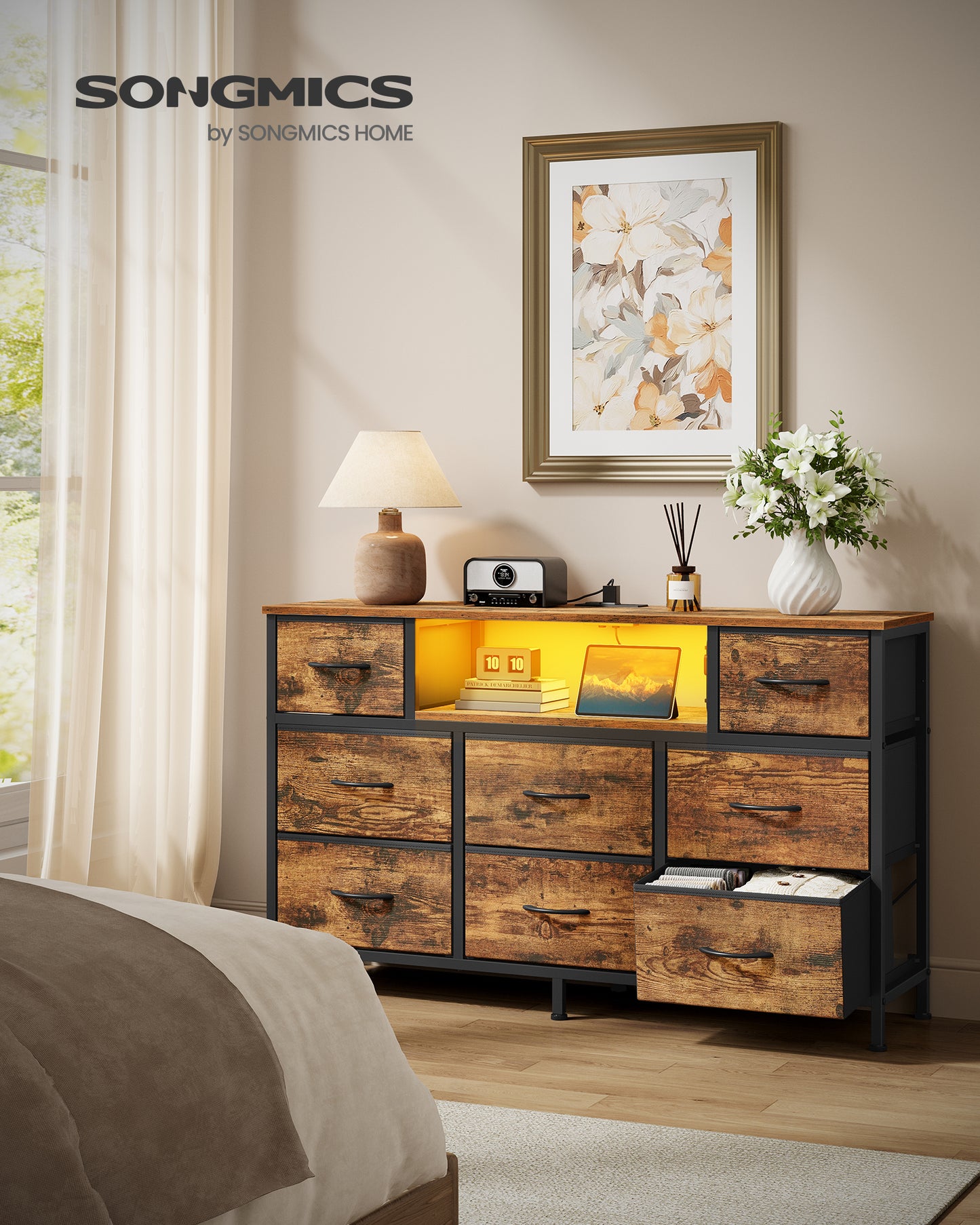 SONGMICS BELLAH Collection - Dresser with Outlets and LED Lights, TV Stand Up to 55 Inches, Chest of Drawers, 8 Drawers, Rustic Brown and Ink Black