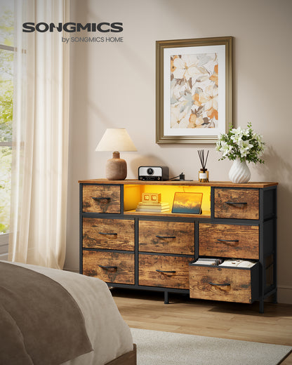 SONGMICS BELLAH Collection - Dresser with Outlets and LED Lights, TV Stand Up to 55 Inches, Chest of Drawers, 8 Drawers, Rustic Brown and Ink Black