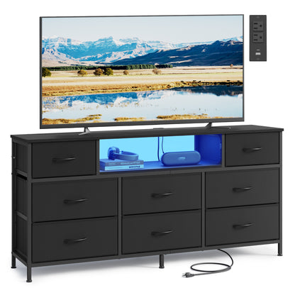 SONGMICS BELLAH Collection - Dresser for Bedroom with Outlets and LED Lights, TV Stand Up to 65 Inches, Chest of Drawers, 8 Drawers, Ink Black