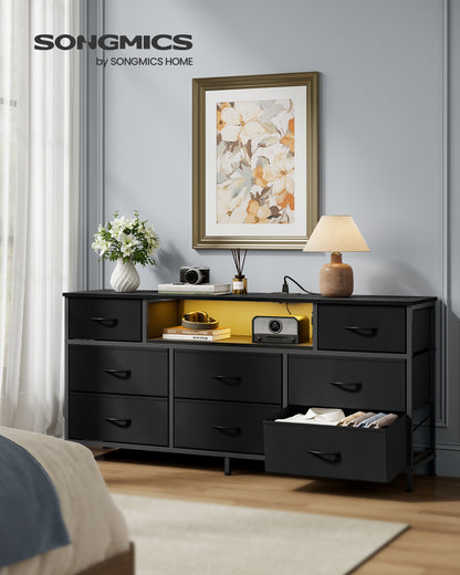 SONGMICS BELLAH Collection - Dresser for Bedroom with Outlets and LED Lights, TV Stand Up to 65 Inches, Chest of Drawers, 8 Drawers, Ink Black