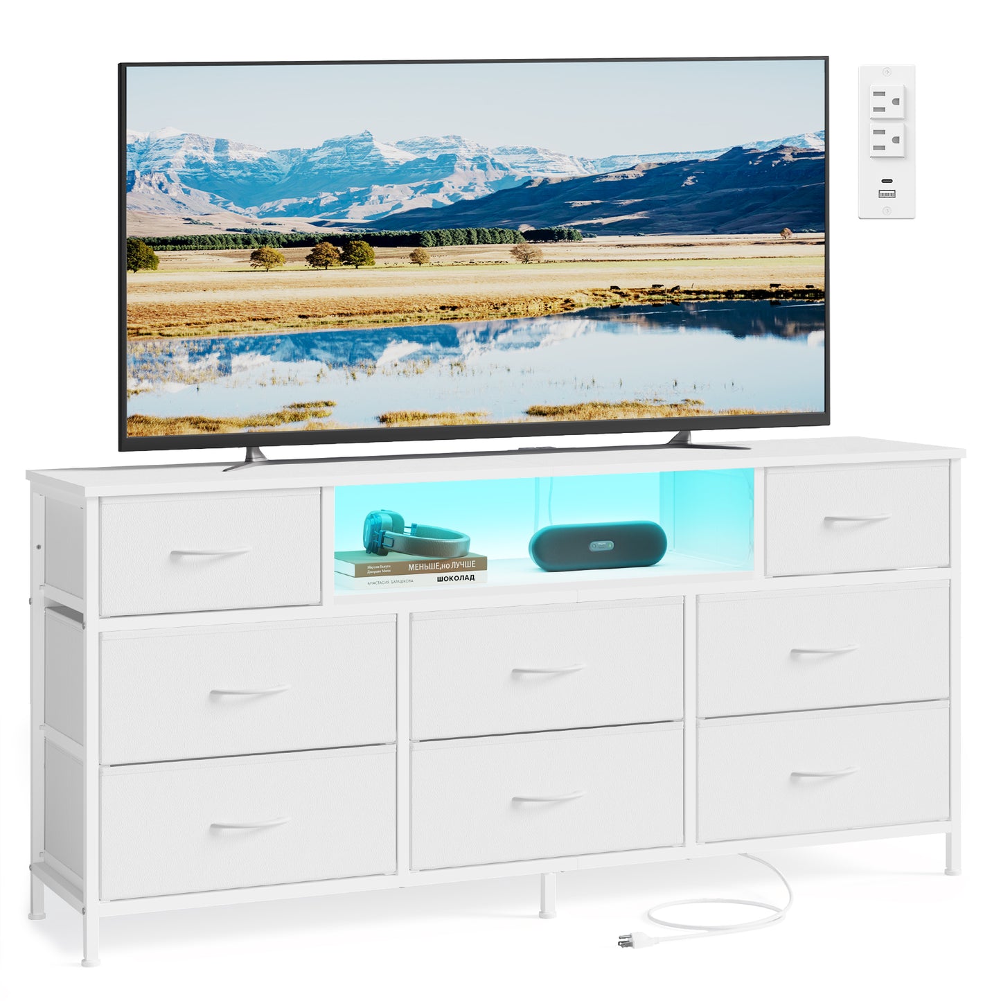 SONGMICS BELLAH Collection - Dresser with Outlets and LED Lights, TV Stand for TVs Up to 65 Inches, Chest of Drawers, 8 Drawers, Cloud White