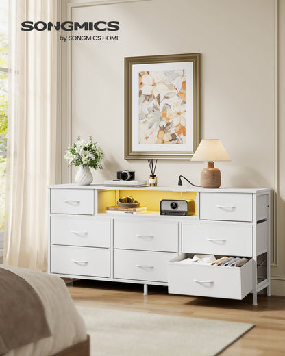 SONGMICS BELLAH Collection - Dresser with Outlets and LED Lights, TV Stand for TVs Up to 65 Inches, Chest of Drawers, 8 Drawers, Cloud White