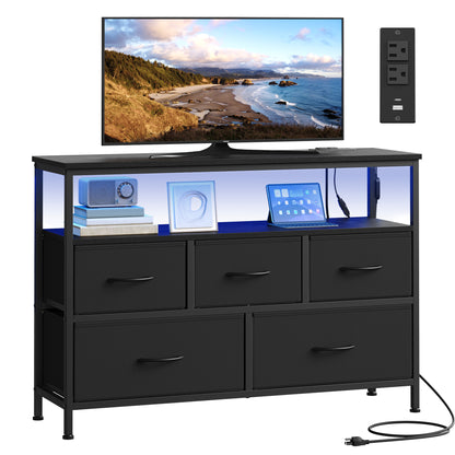 SONGMICS BELLAH Collection - Dresser for Bedroom with App-Controlled LED Lights and Charging Station, Chest, TV Stand, 5 Drawers, Ink Black