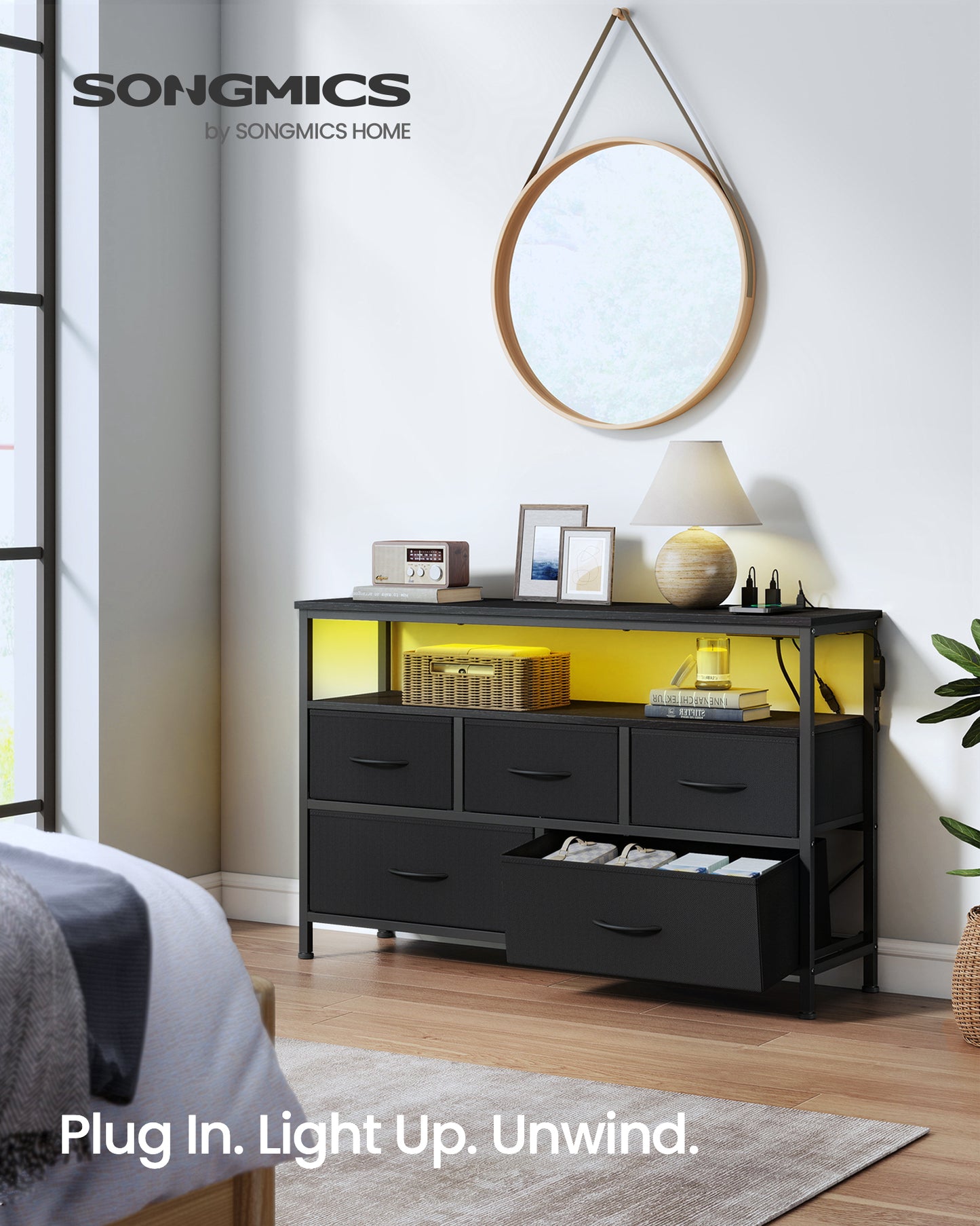 SONGMICS BELLAH Collection - Dresser for Bedroom with App-Controlled LED Lights and Charging Station, Chest, TV Stand, 5 Drawers, Ink Black